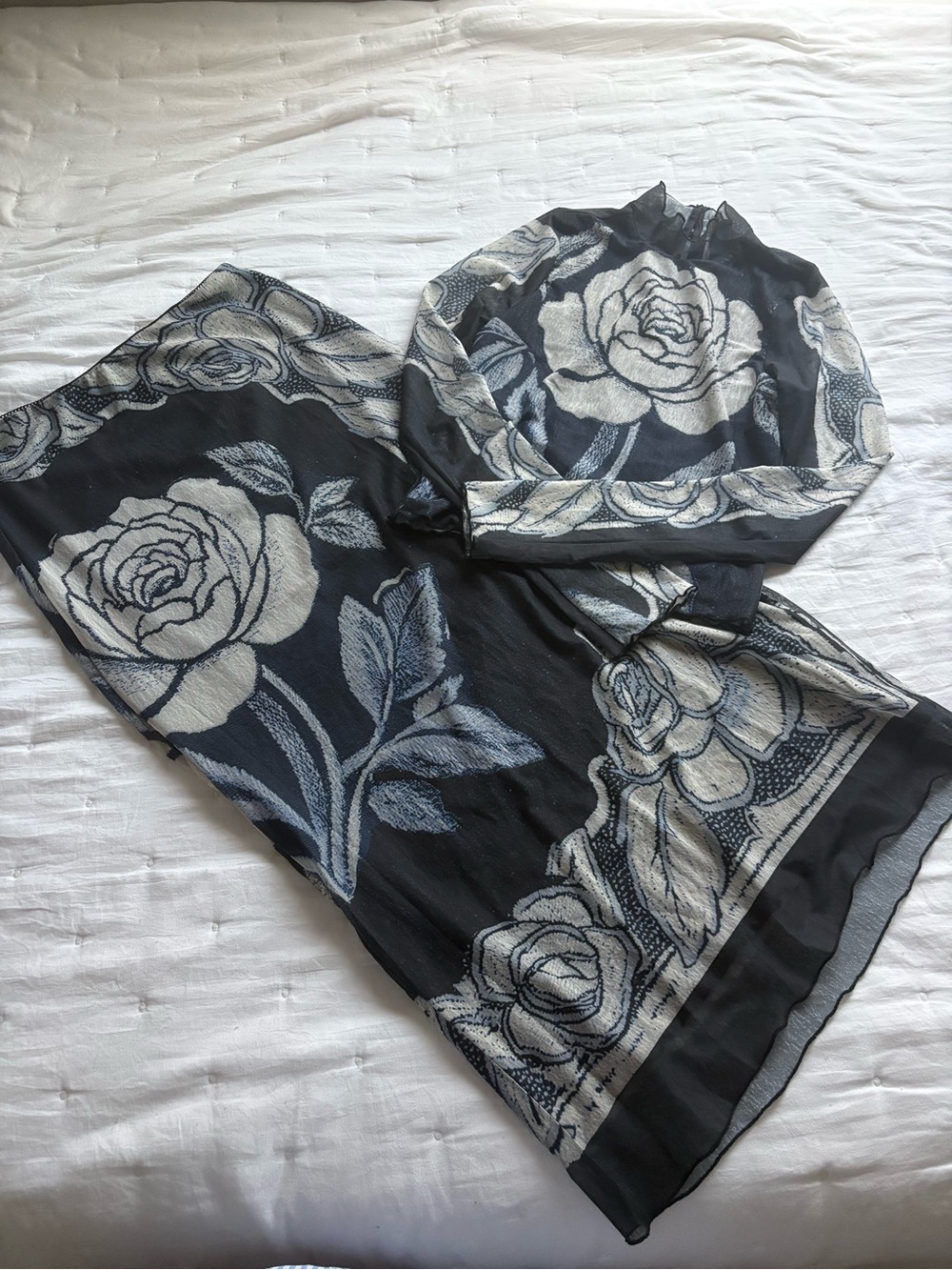 Free People SET!!! Black Floral Mesh Long-Sleeve Top with matching midi skirt